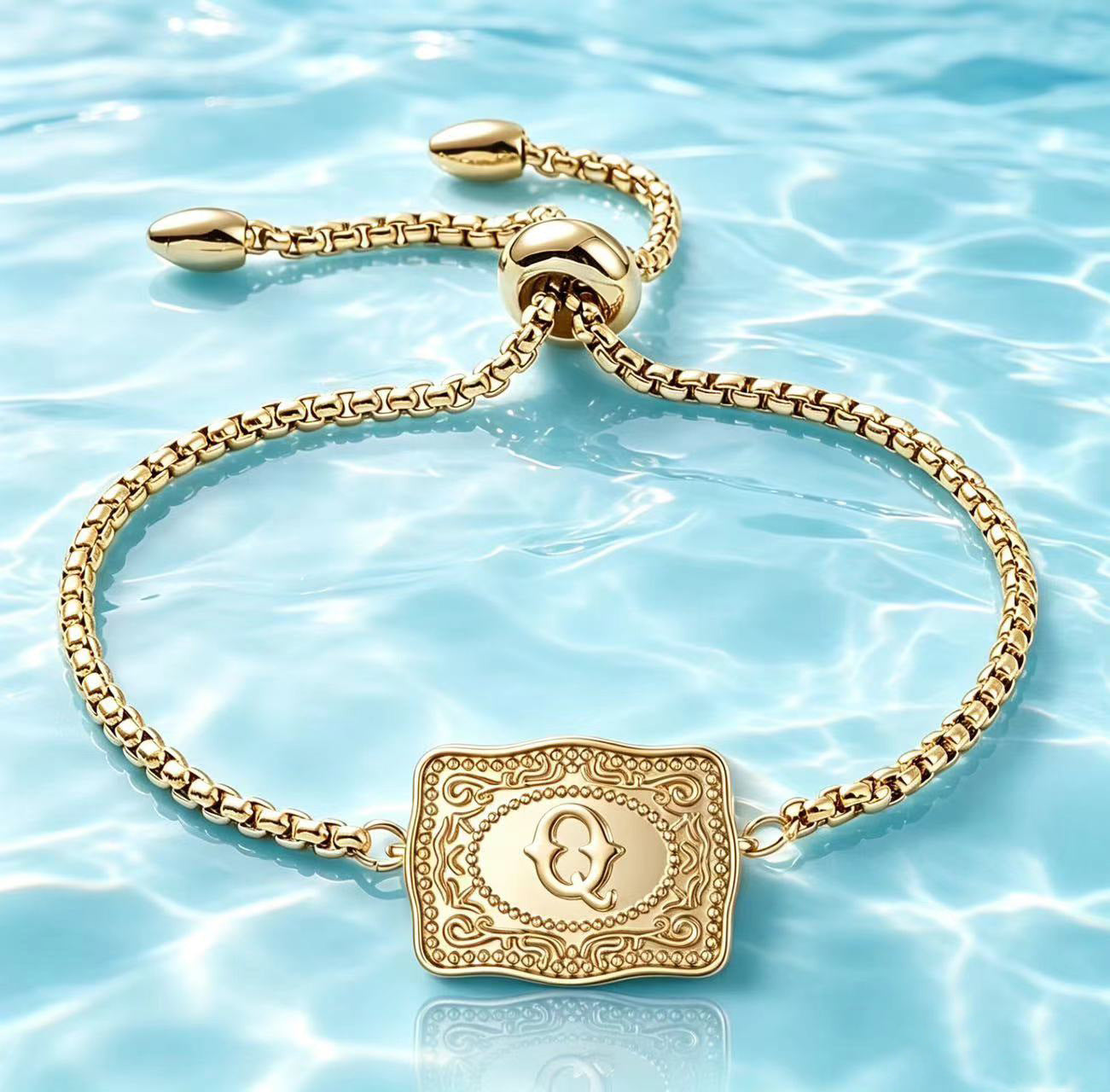 18K Lettered Embossed Fine Chain Bracelet