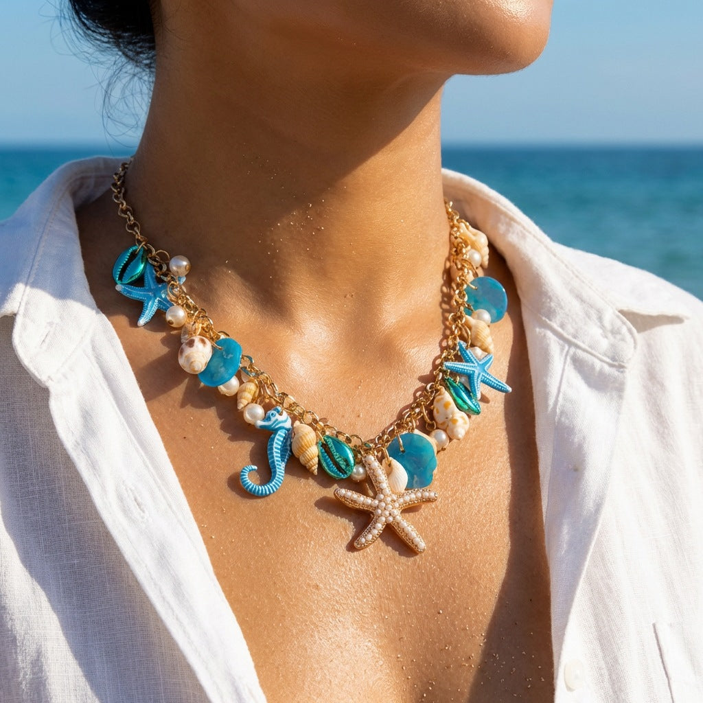 Marine vacation starfish, shells, conches, pearls, multi-layer exaggerated, multi-layer stacked pearls