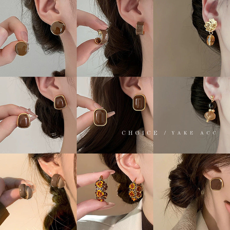 925 Silver Maillard Brown Amber Pearl Stud Earrings