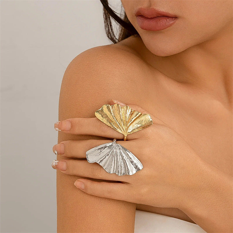 Ginkgo leaf ring for women, a textured leaf ring bracelet