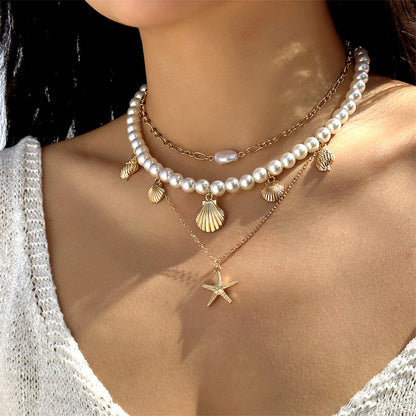 Marine vacation starfish, shells, conches, pearls, multi-layer exaggerated, multi-layer stacked pearls