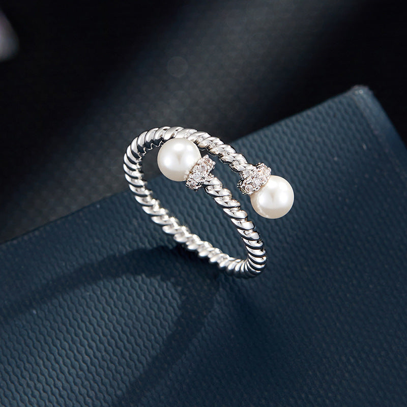 Cross-patterned glass pearl open ring, elegant commuter layering jewelry, adjustable ring, women's index finger ring