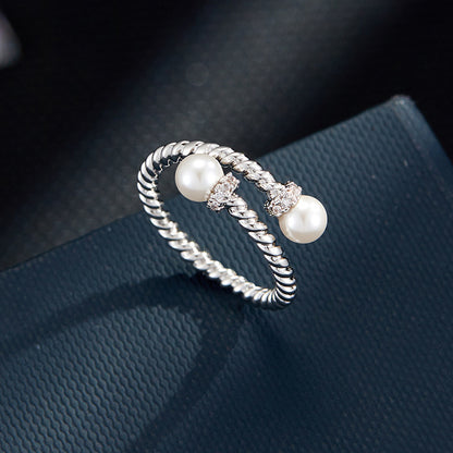 Cross-patterned glass pearl open ring, elegant commuter layering jewelry, adjustable ring, women's index finger ring