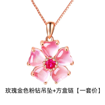Peach Blossom Heart Crystal Pendant Necklace