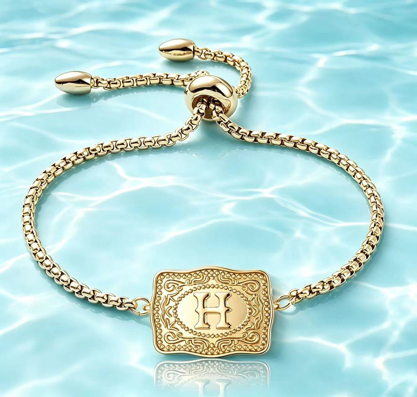 18K Lettered Embossed Fine Chain Bracelet