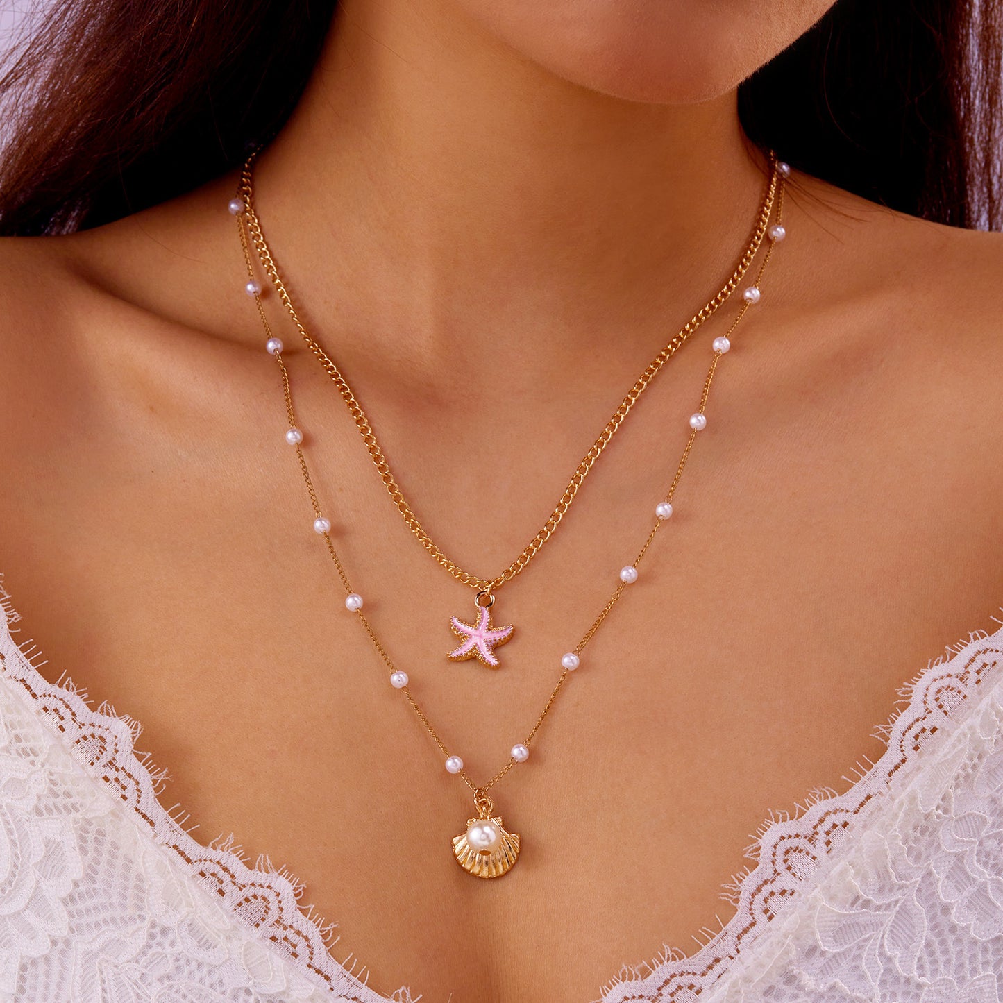 Marine vacation starfish, shells, conches, pearls, multi-layer exaggerated, multi-layer stacked pearls