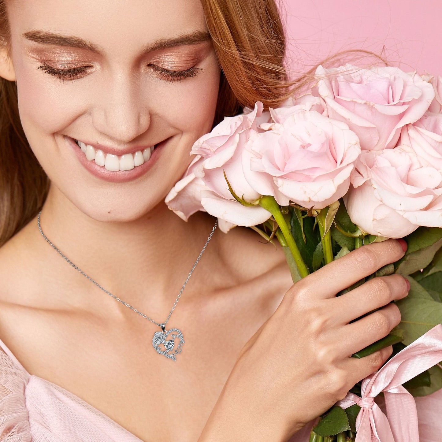 Heart Rose Mom Script Pendant Necklace