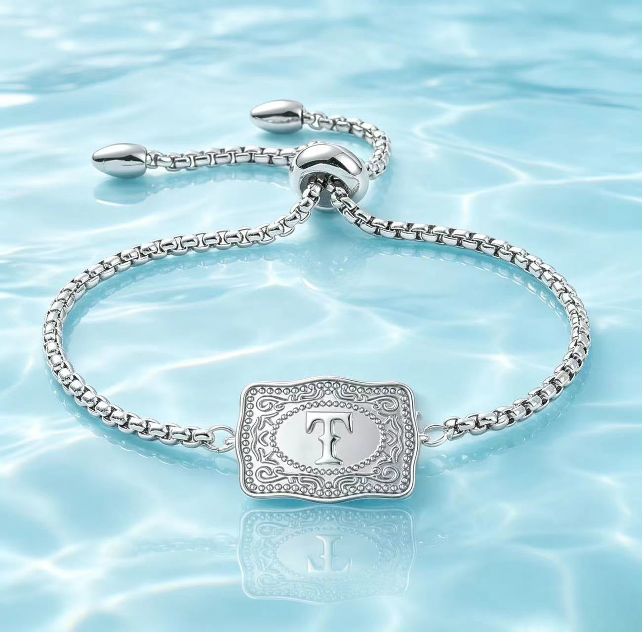 18K Lettered Embossed Fine Chain Bracelet