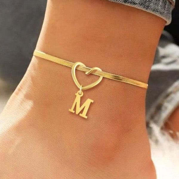 Heart Initial Letter Anklet – Gold Snake Chain