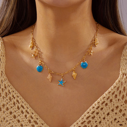 Marine vacation starfish, shells, conches, pearls, multi-layer exaggerated, multi-layer stacked pearls
