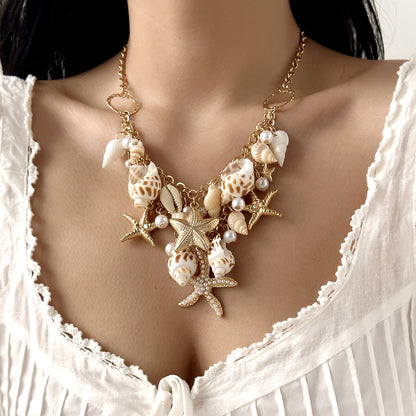 Marine vacation starfish, shells, conches, pearls, multi-layer exaggerated, multi-layer stacked pearls