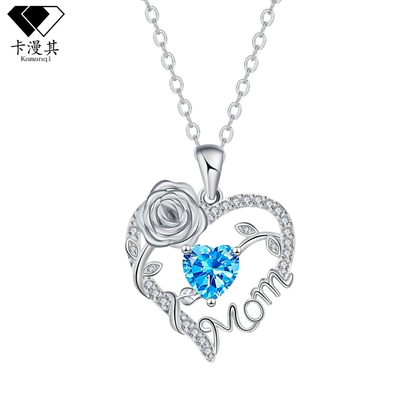Heart Rose Mom Script Pendant Necklace