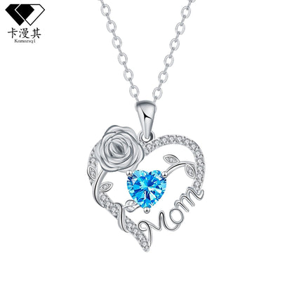 Heart Rose Mom Script Pendant Necklace