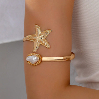 Beach Starfish Shell Pearl Open Arm Bracelet