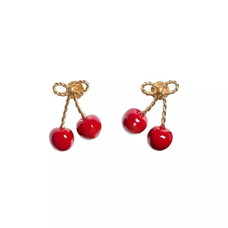 Sweet cherry and cherry earrings, elegant and feminine stud design earrings
