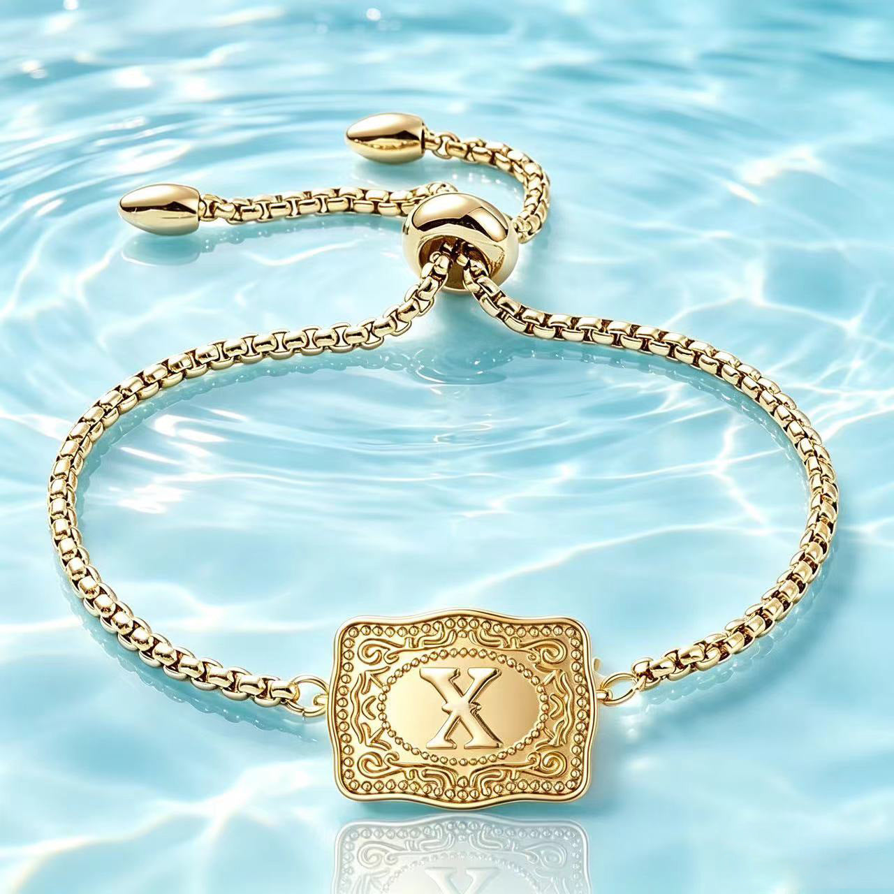 18K Lettered Embossed Fine Chain Bracelet