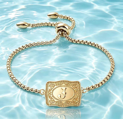 18K Lettered Embossed Fine Chain Bracelet