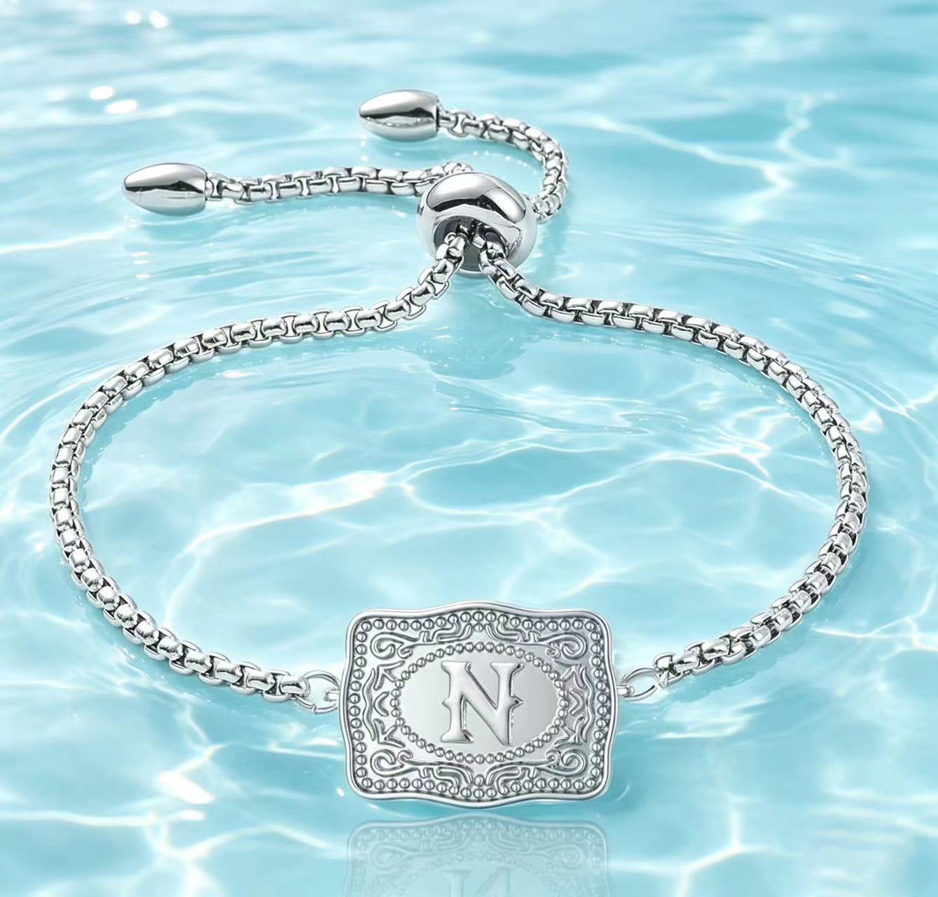 18K Lettered Embossed Fine Chain Bracelet