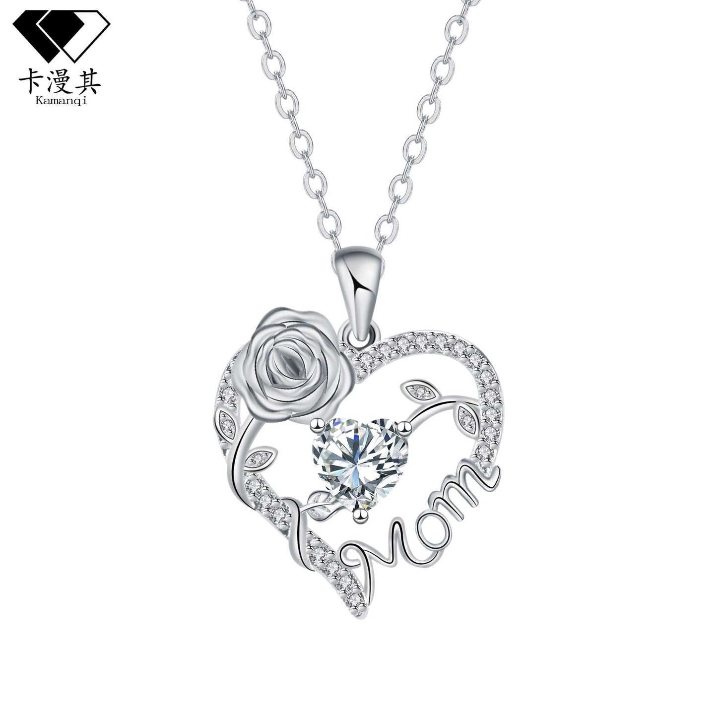 Heart Rose Mom Script Pendant Necklace