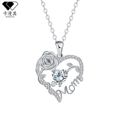 Heart Rose Mom Script Pendant Necklace