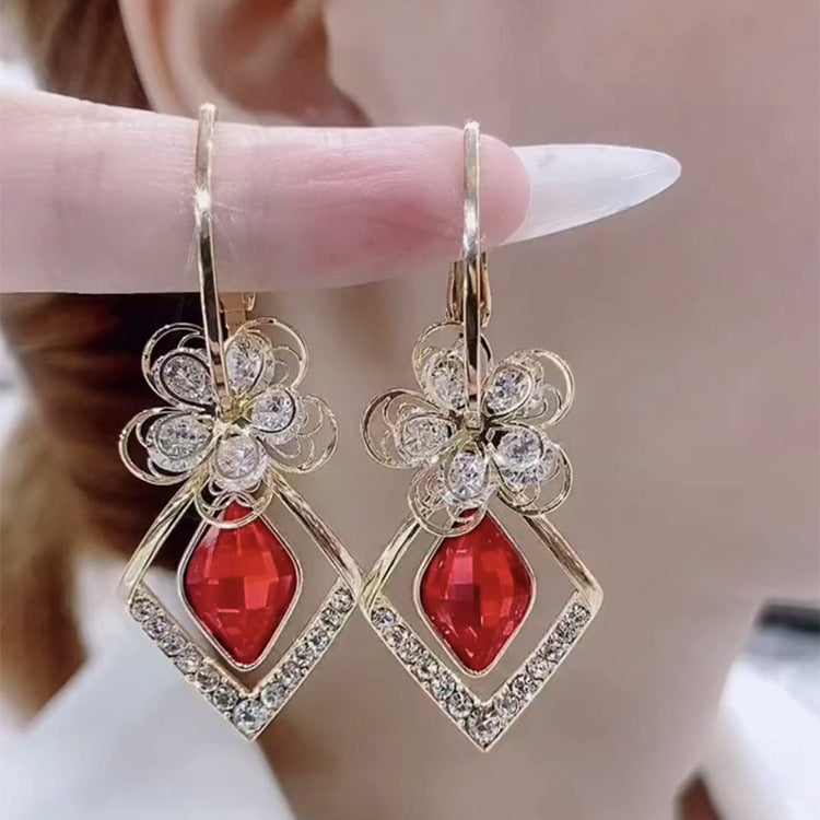 Flower Zircon Rhombus Crystal Drop Earrings