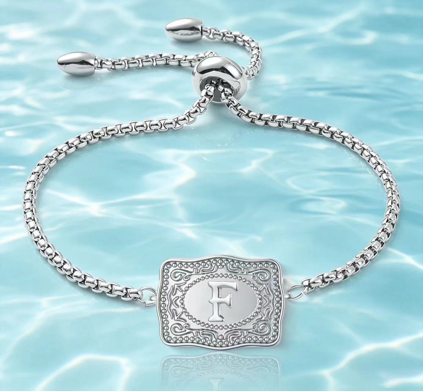 18K Lettered Embossed Fine Chain Bracelet