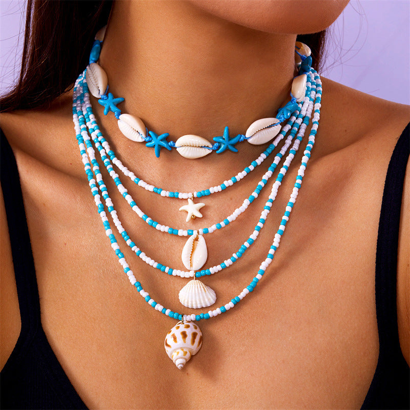 Marine vacation starfish, shells, conches, pearls, multi-layer exaggerated, multi-layer stacked pearls
