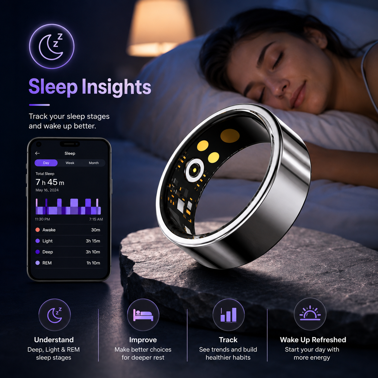 Smart Ring With Bluetooth For Blood Oxygen Heart Rate And Blood Pressure Health Monitoring