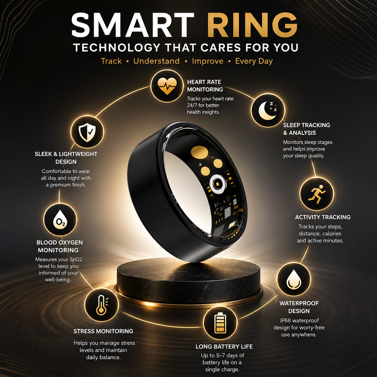 Smart Ring With Bluetooth For Blood Oxygen Heart Rate And Blood Pressure Health Monitoring