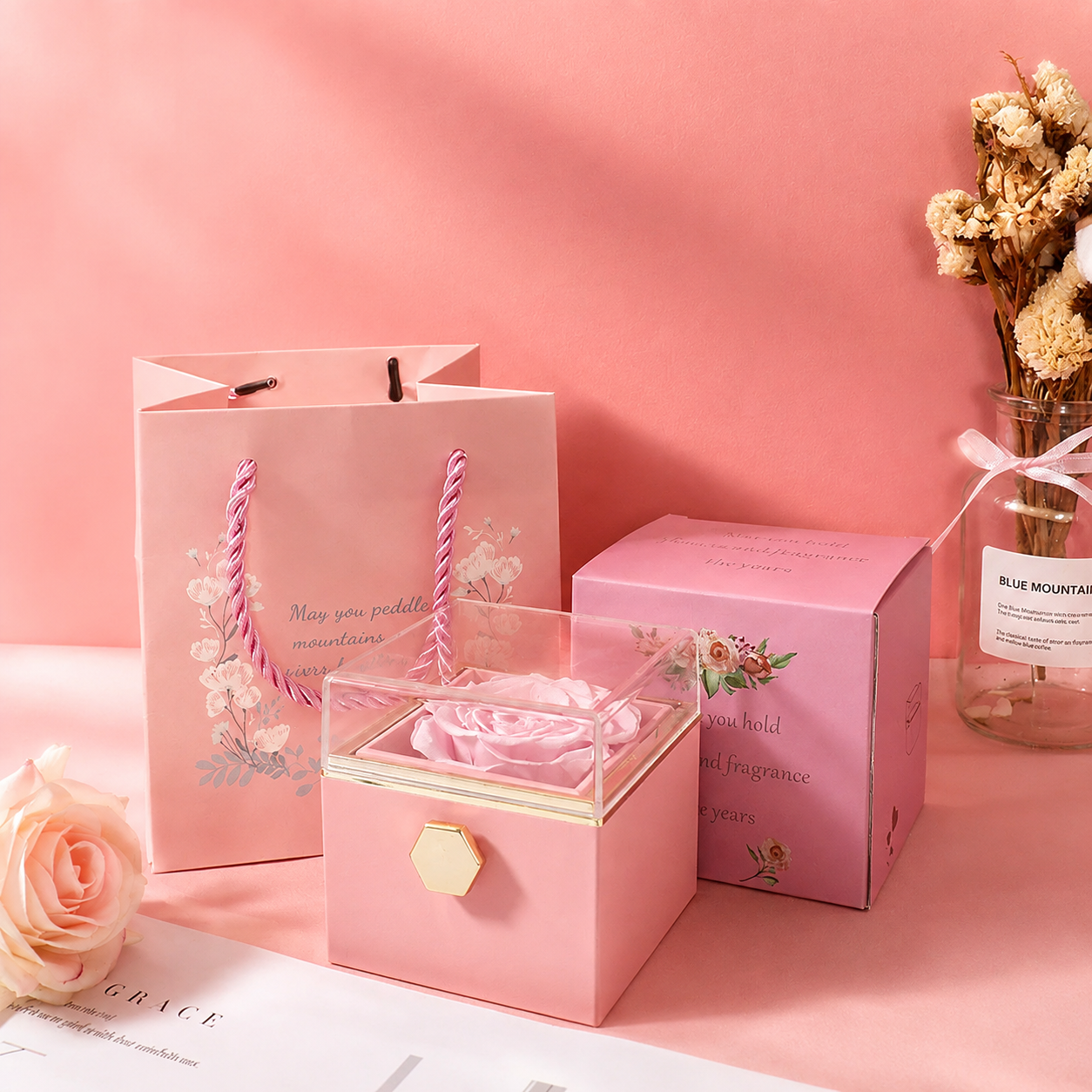Fashion Acrylic Rotating Rose Jewelry Box