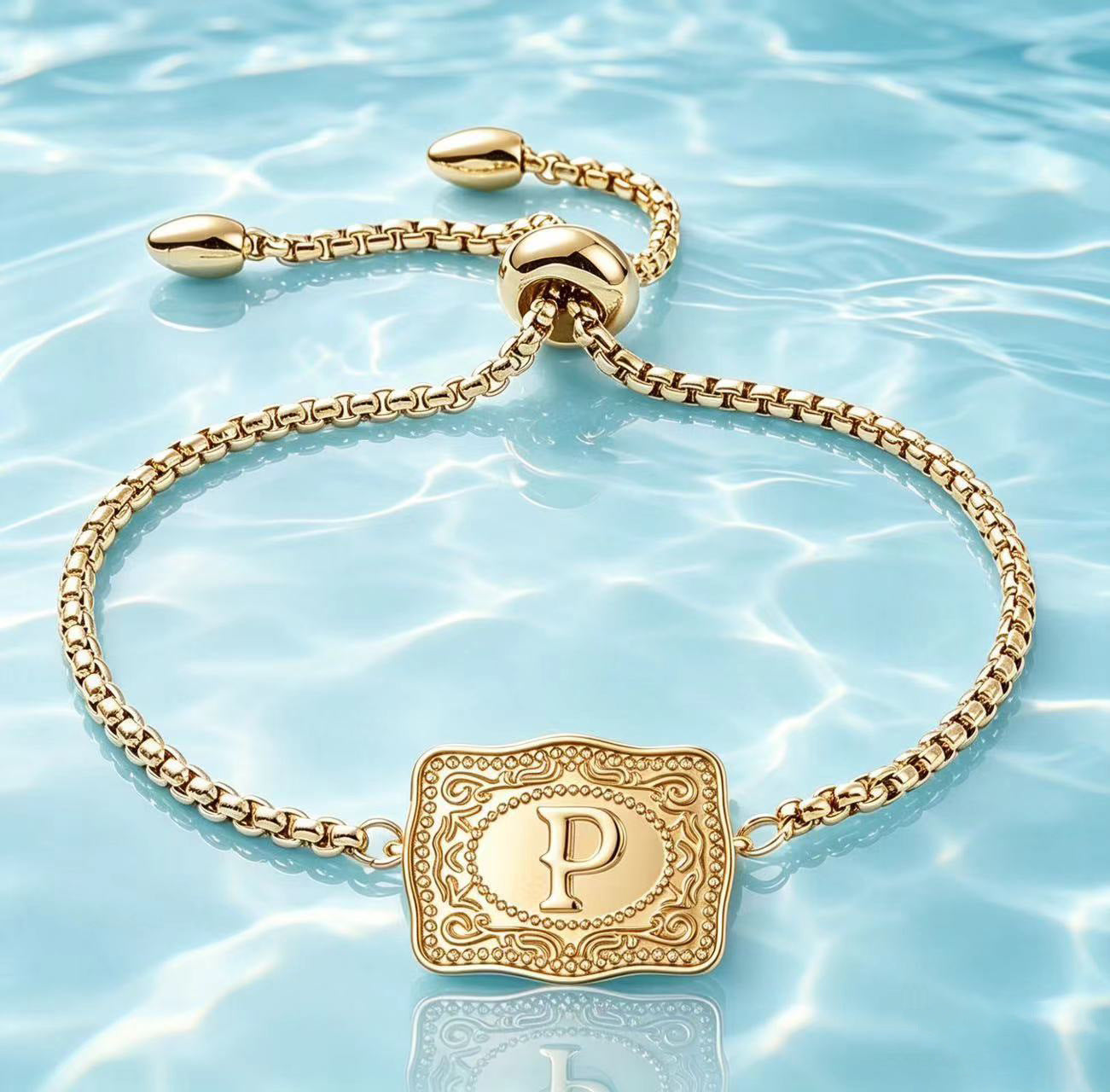 18K Lettered Embossed Fine Chain Bracelet