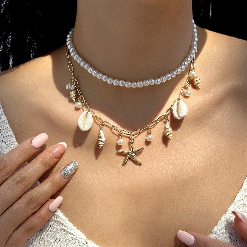 Marine vacation starfish, shells, conches, pearls, multi-layer exaggerated, multi-layer stacked pearls