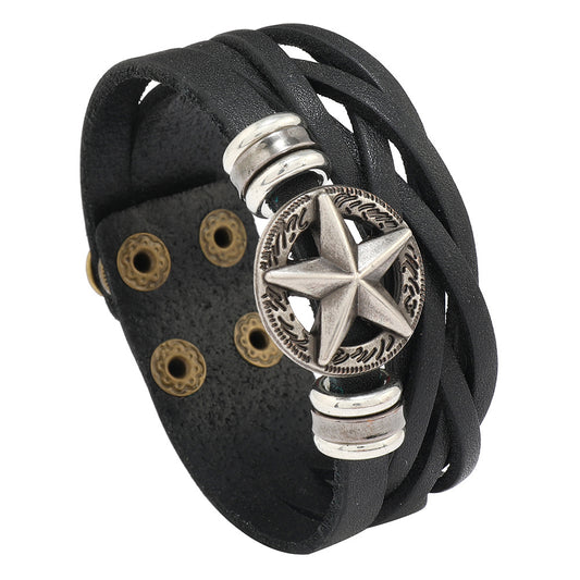 Genuine leather bracelet, men's style, leather decoration, five-pointed star bracelet