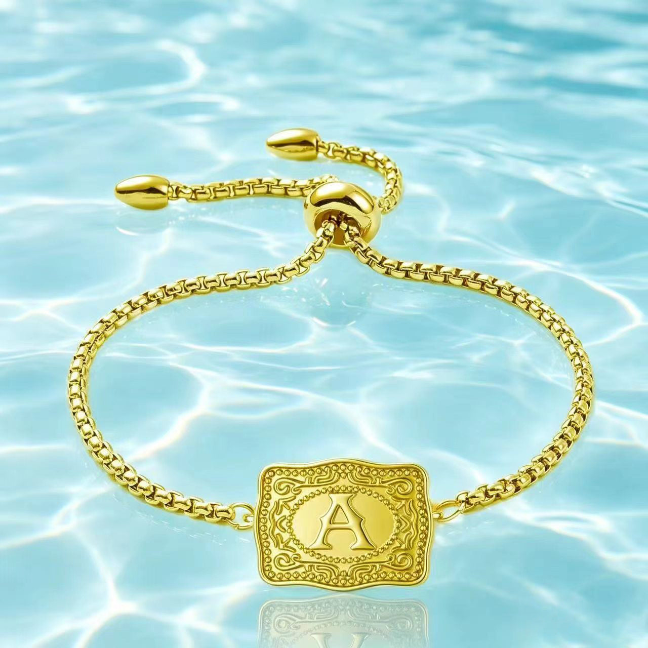 18K Lettered Embossed Fine Chain Bracelet