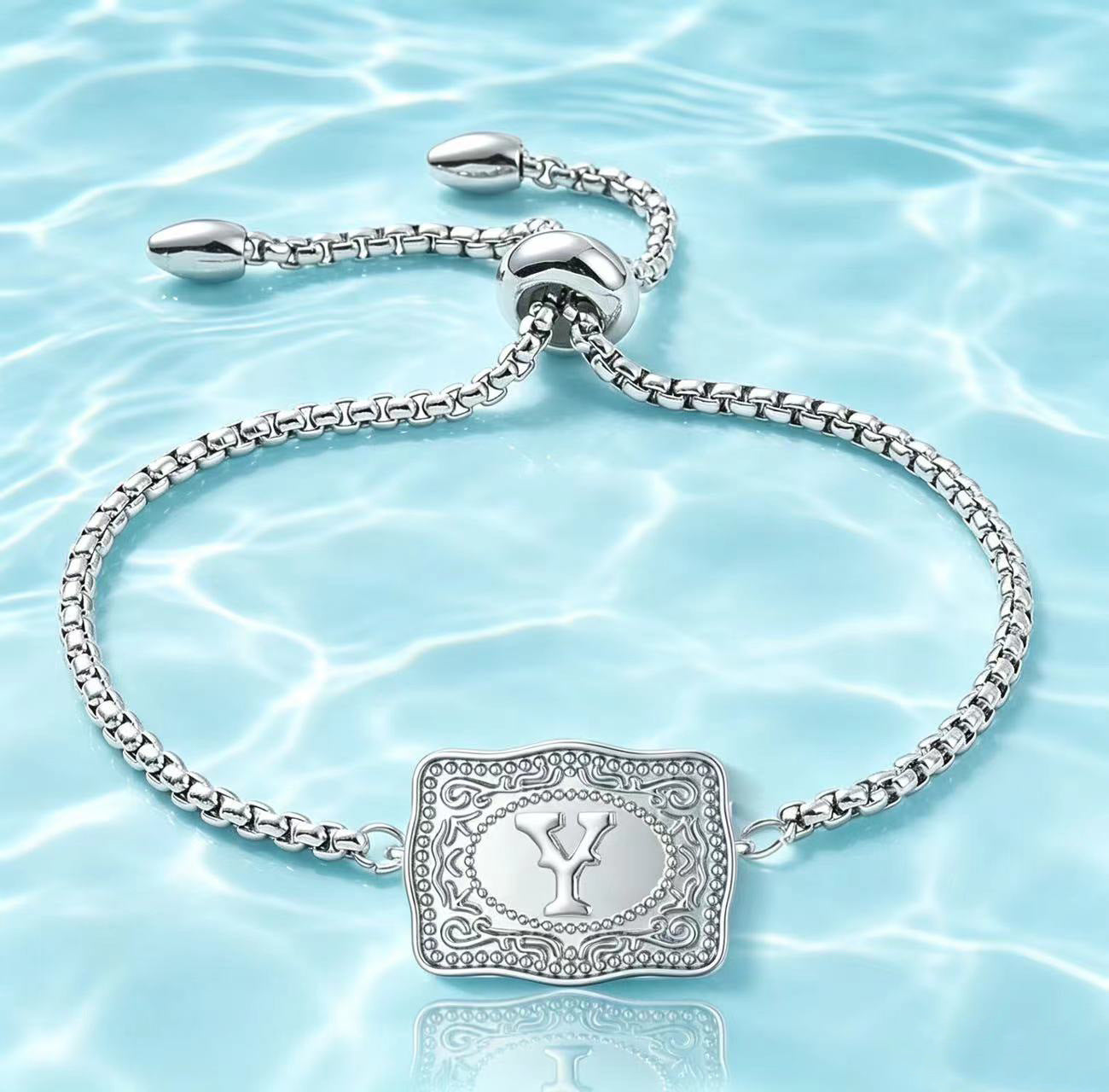 18K Lettered Embossed Fine Chain Bracelet