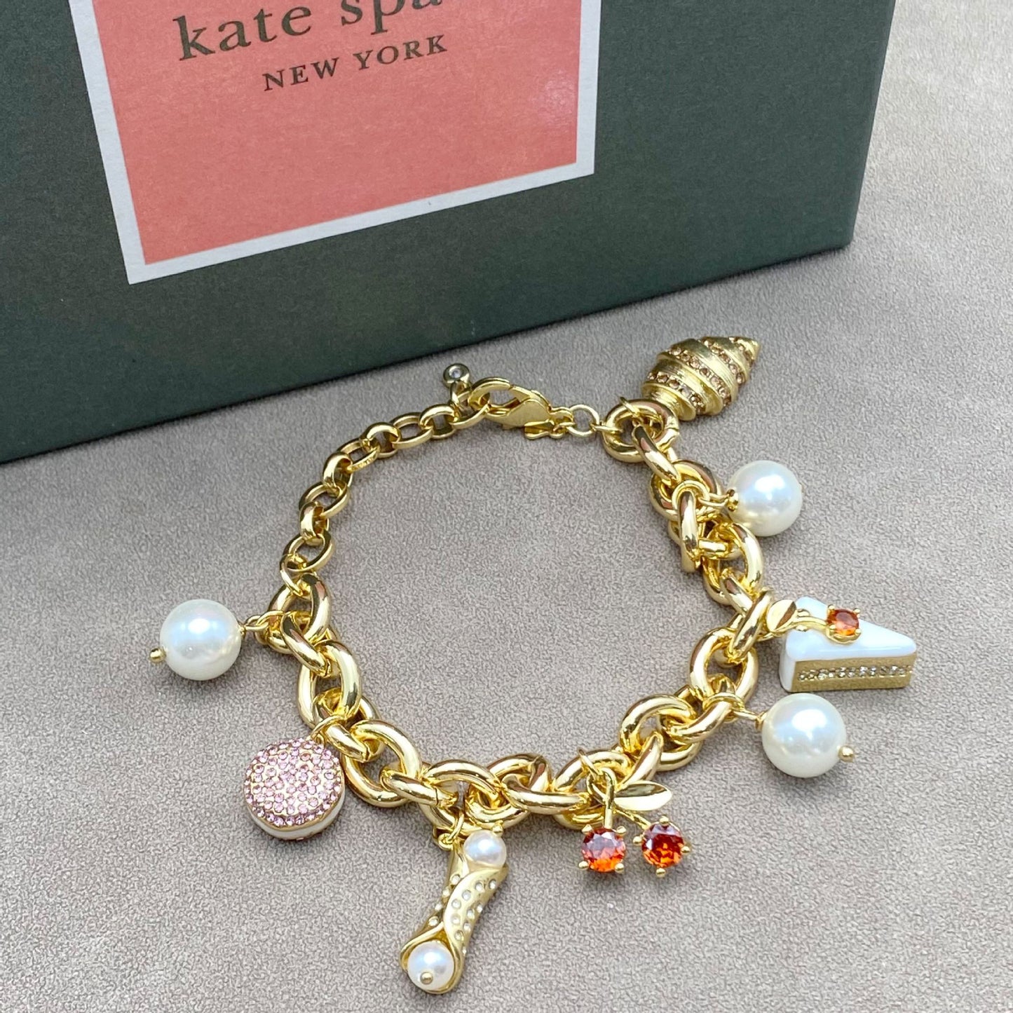 Enamel Cherry Cake Croissant Pearl Pendant Bracelet