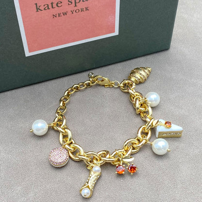 Enamel Cherry Cake Croissant Pearl Pendant Bracelet
