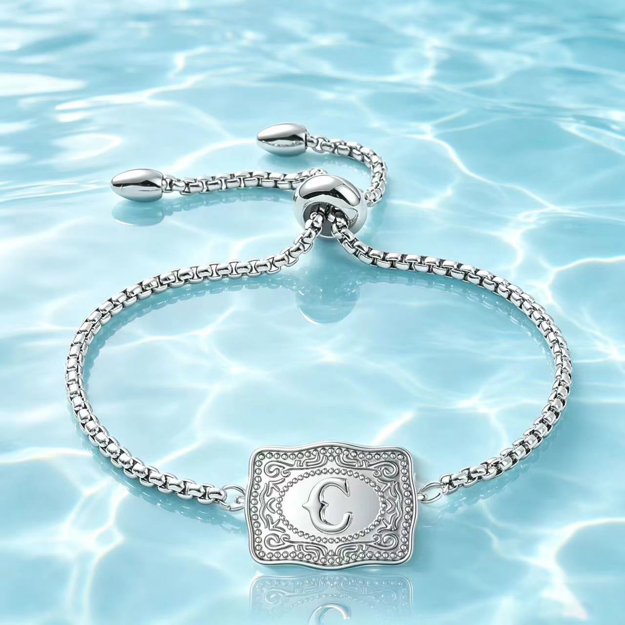 18K Lettered Embossed Fine Chain Bracelet