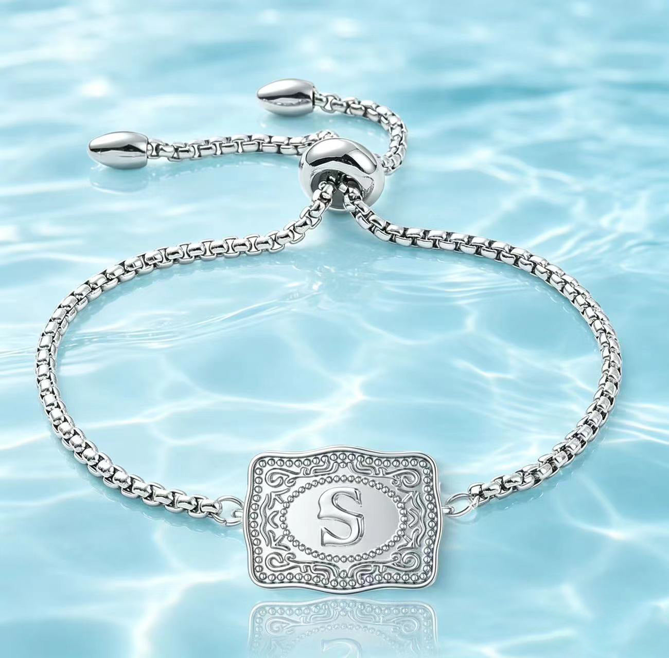 18K Lettered Embossed Fine Chain Bracelet