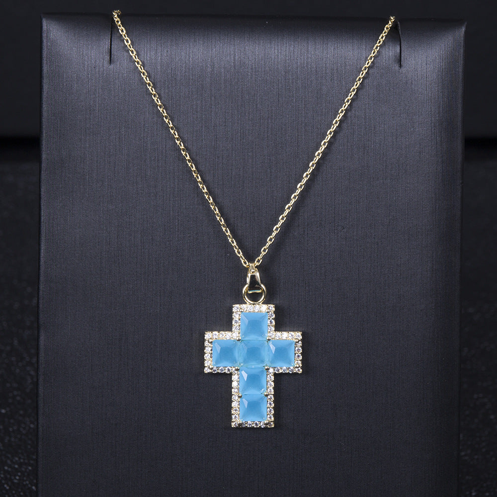 classic colored gem cross full square pendant necklace