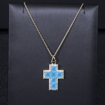classic colored gem cross full square pendant necklace