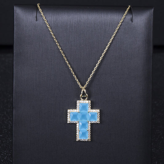 classic colored gem cross full square pendant necklace