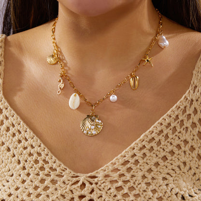 Marine vacation starfish, shells, conches, pearls, multi-layer exaggerated, multi-layer stacked pearls