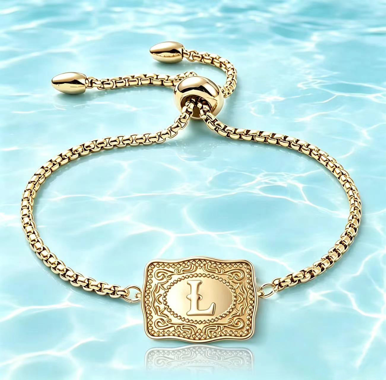 18K Lettered Embossed Fine Chain Bracelet