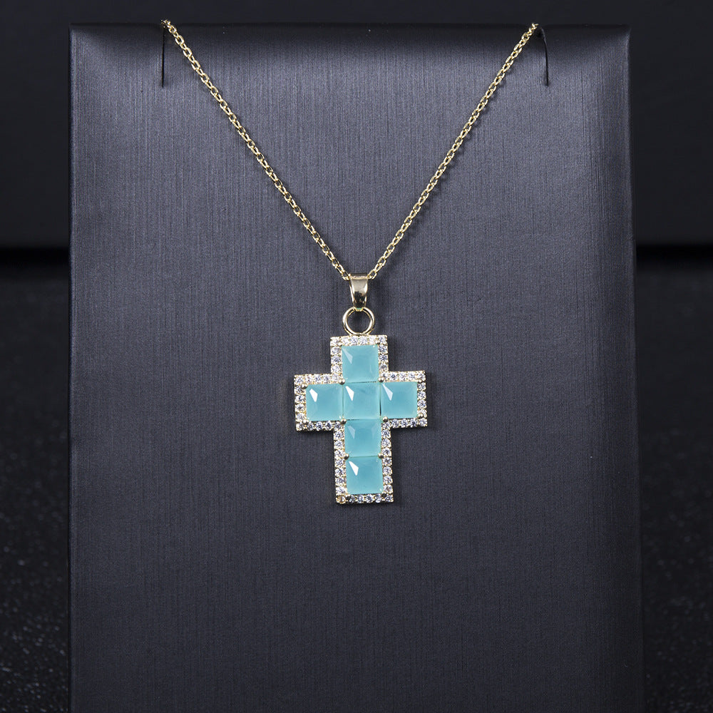 classic colored gem cross full square pendant necklace