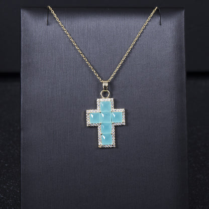 classic colored gem cross full square pendant necklace