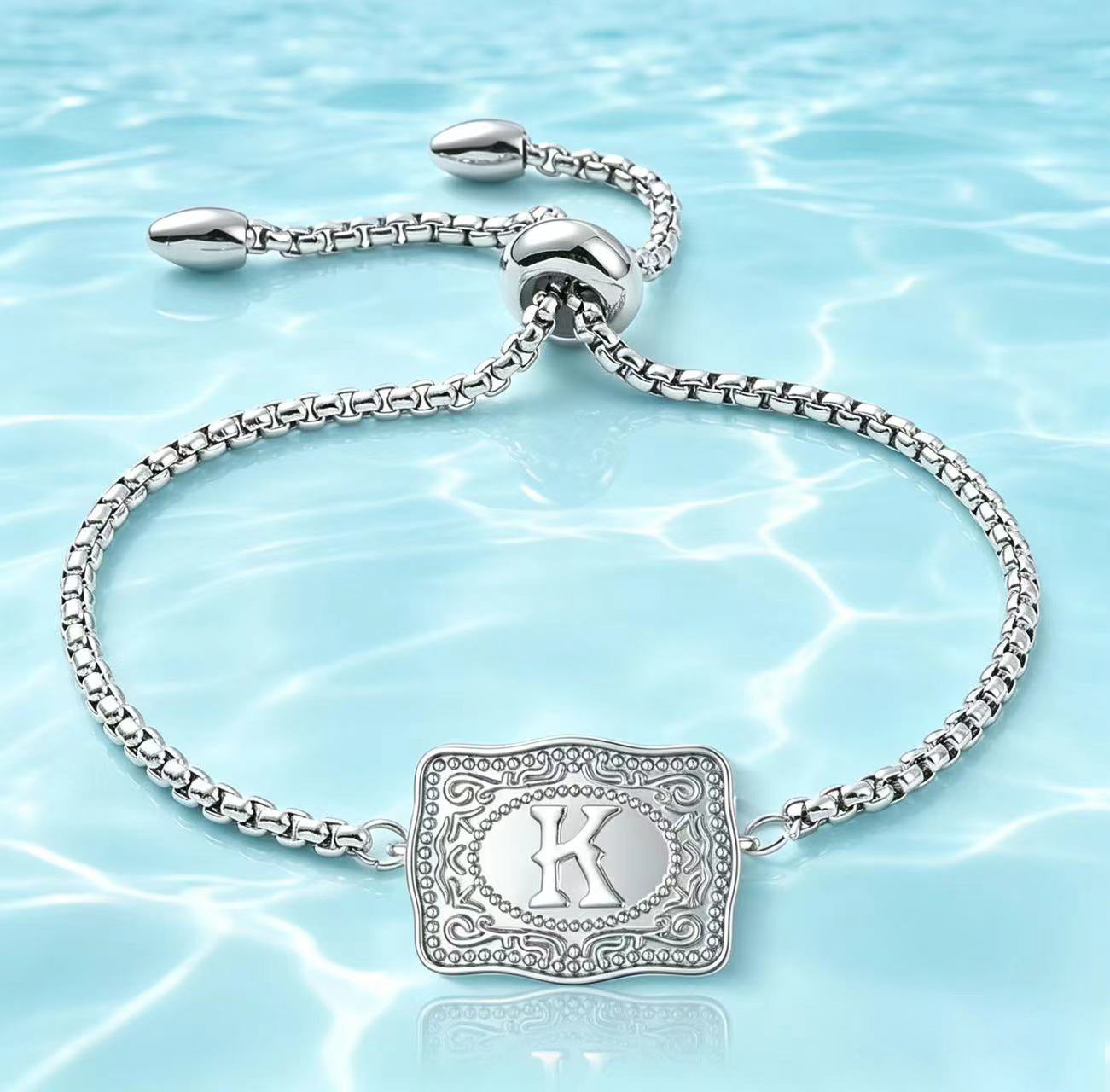 18K Lettered Embossed Fine Chain Bracelet