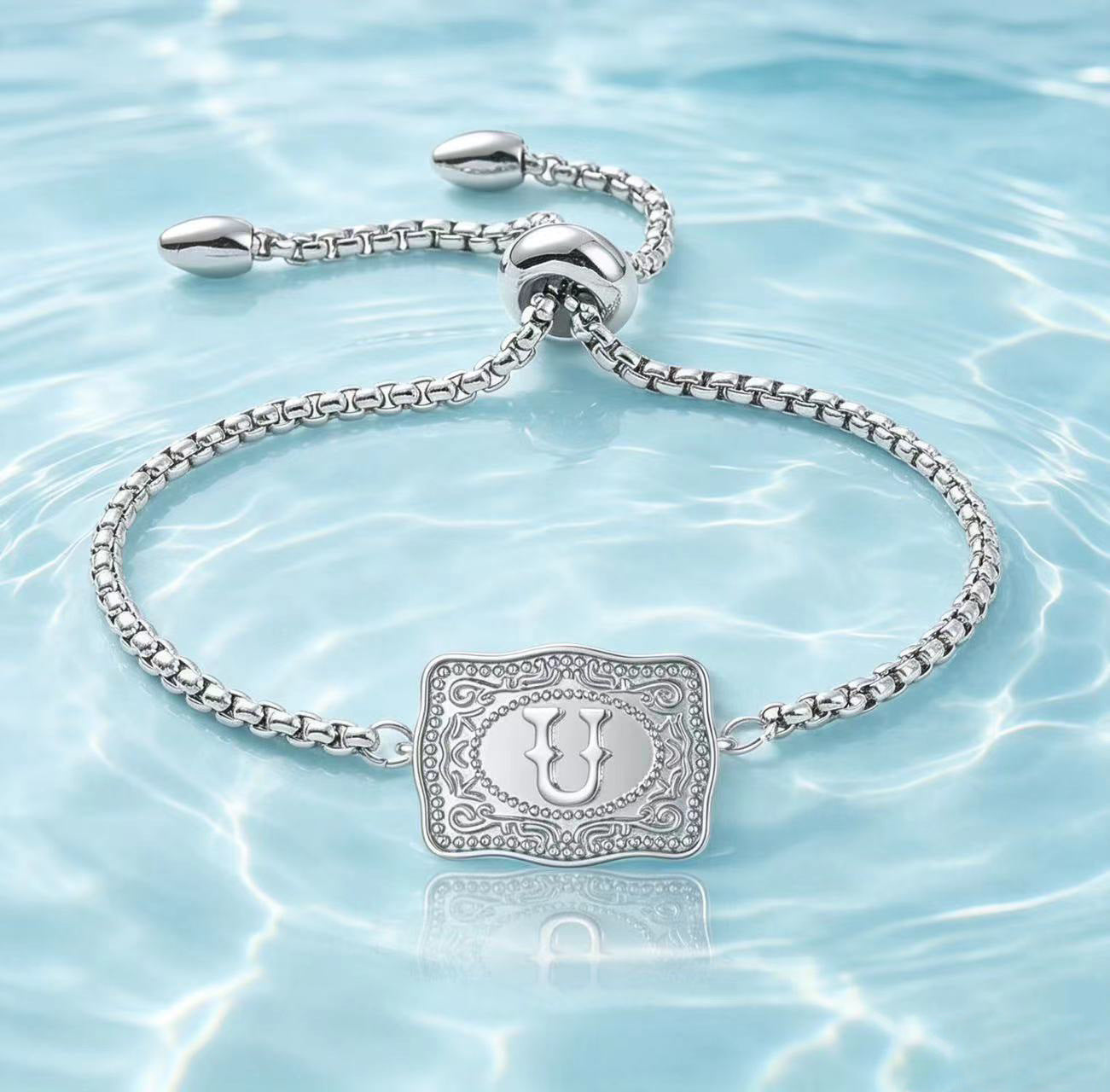 18K Lettered Embossed Fine Chain Bracelet