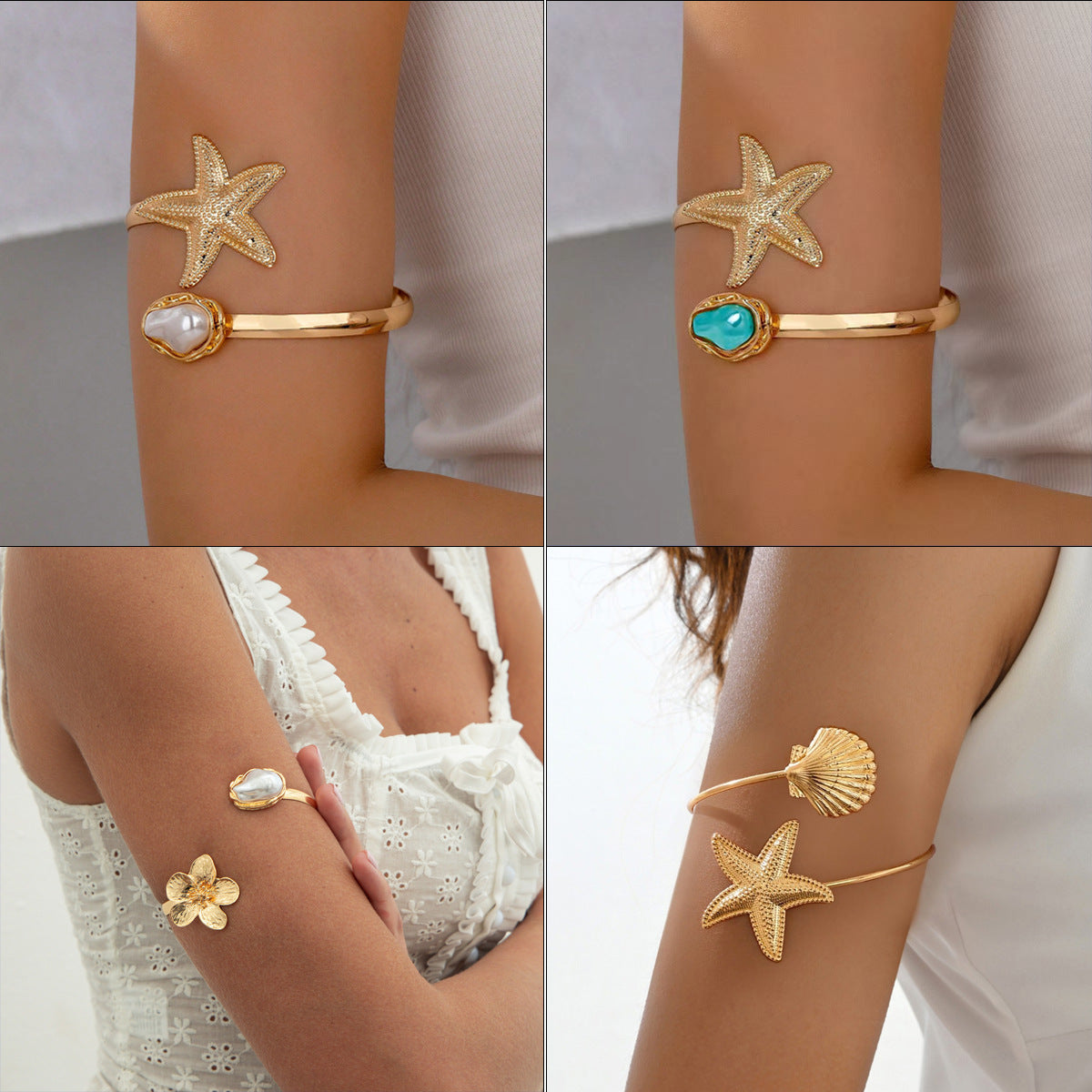 Beach Starfish Shell Pearl Open Arm Bracelet