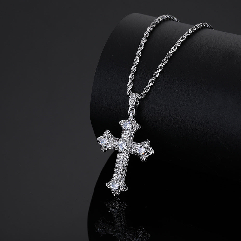 European and American hip-hop accessories, cross pendant, copper inlaid zircon necklace, alternative and personalized accessories, versatile